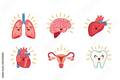 Cute anthropomorphic human organs smiling with happiness and health, representing well-being and medical care