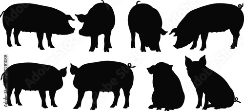 Silhouette of various pigs and dogs isolated on transparent background