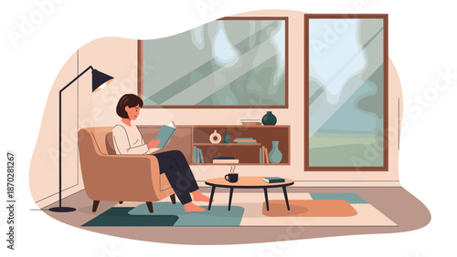 Young woman working on laptop in cozy armchair.