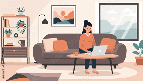 Young woman working on laptop in a cozy living room.