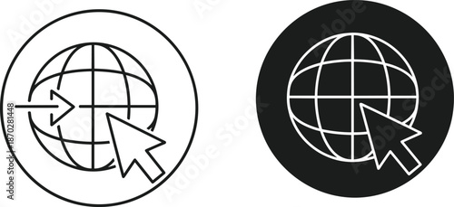 Global internet connection vector icon set featuring globe with cursor click and data input arrow in outline and filled styles