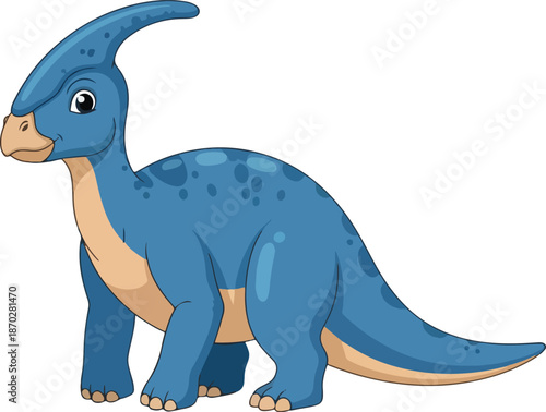 Cartoon blue Parasaurolophus dinosaur with a tan underside and spots