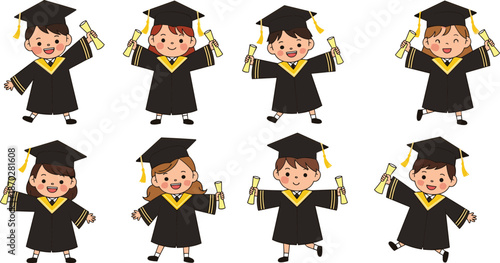 Group of Cute Happy Children Graduates Characters Wearing Gowns and Caps Holding Diplomas Celebrating Graduation Ceremony Vector Illustration for Kids