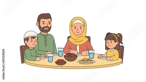 Muslim Family Gathering for Mealtime Illustration