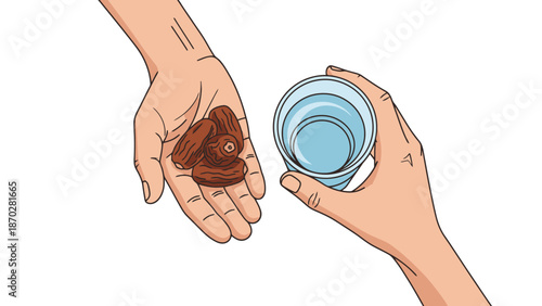 Close up of Hands Sharing Dates and Water Representing Hospitality and Sustenance