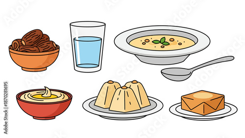 Traditional Iftar Meal Items Dates Water Soup Hummus Dessert and Bread Illustration