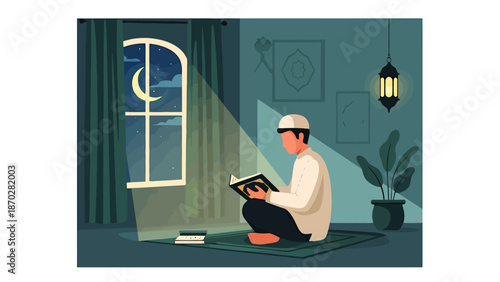Man Reading Holy Book by Moonlight in Room Ramadan Devotion