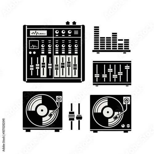 Black and white vector icons illustrating essential DJ and music production equipment, featuring audio mixers, turntables, and sound equalizers.