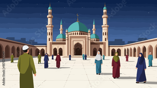 Islamic Prayer Courtyard at Dusk with People