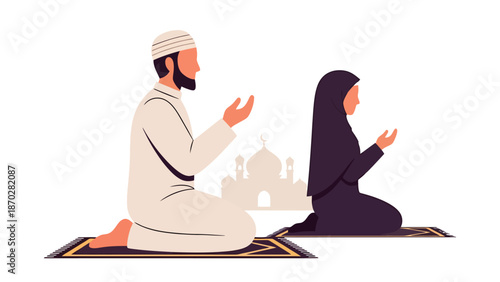 Muslim Couple Praying Together on Prayer Mats with Mosque Silhouette Background