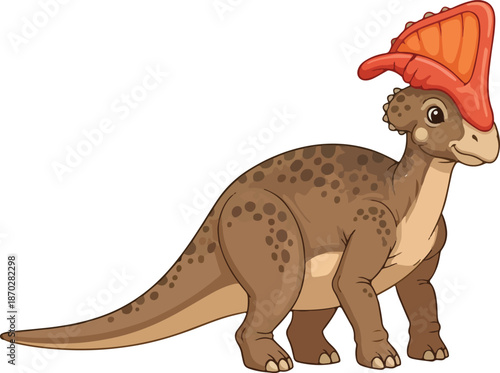 Cartoon brown dinosaur with a large red and orange backwardcurving head crest