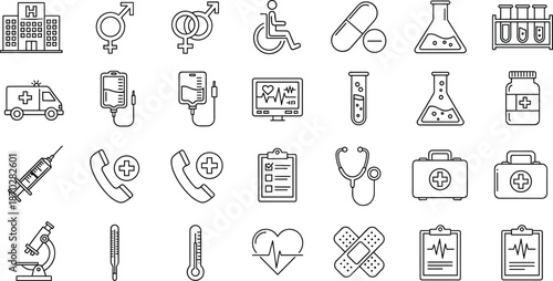 Line Art Medical Icon Set with Hospital Equipment Ambulance Medicine Laboratory Glassware Healthcare Symbols and First Aid Supplies for Professional Design