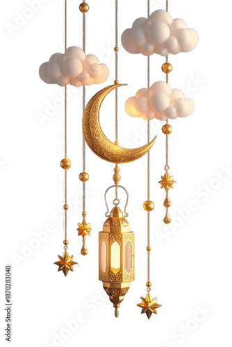 Elegant Islamic Hanging Decoration with Golden Crescent Moon, Lantern, Clouds and Stars for Ramadan and Eid on transparent Background