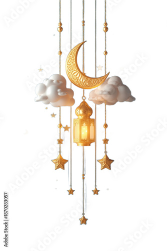 Elegant Islamic Hanging Decoration with Golden Crescent Moon, Lantern, Clouds and Stars for Ramadan and Eid on transparent Background