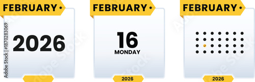 February 16 Monday 2026 calendar icon set vector illustrator. Checklist day calendar. Schedule date, appointment, month, week, agenda, Containing, organization and event Editable line icons. 