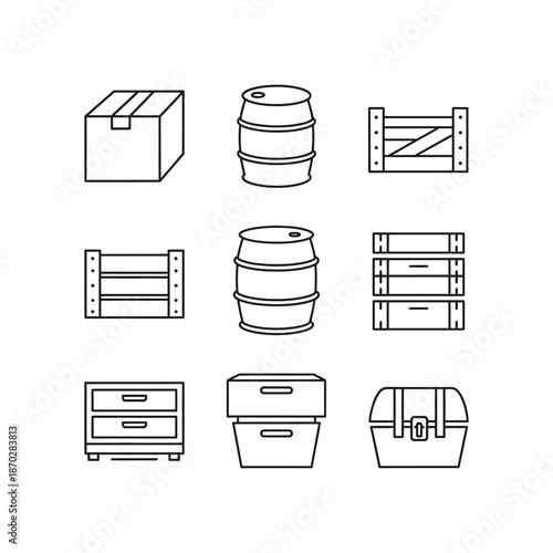 A collection of minimalist line art icons depicting various storage containers, including boxes, barrels, and crates.