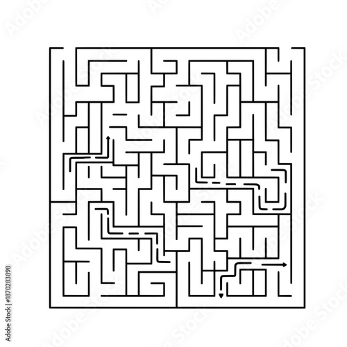 An overhead view of a complex black and white maze, complete with solutions arrows inside it