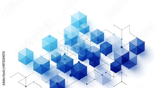 Blue 3D cubes connected by lines on white background blocks