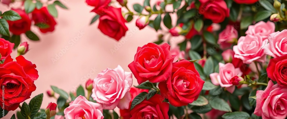 Obraz premium Vibrant red and pink rose blooms fill the frame, creating a soft, natural floral background texture, blossom, texture