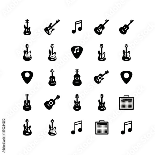 A collection of black silhouette icons featuring various guitars, picks, music notes, and amplifiers on a white background.