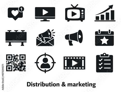 Modern solid marketing and distribution icon set featuring social media, advertising, video, and analytics for business communication