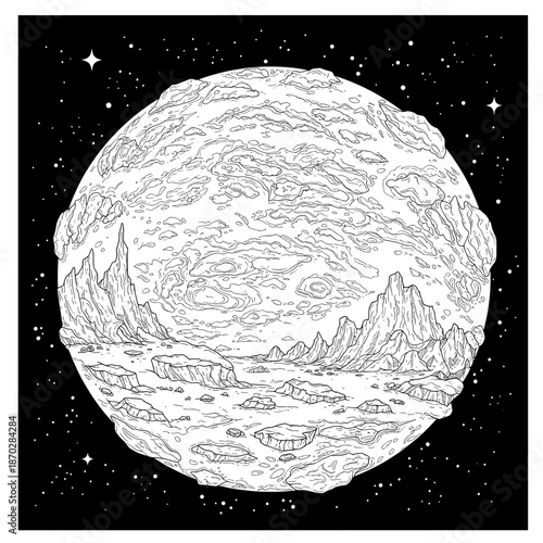Lunar Surface A detailed line art shows a planet's surface with stars in the background