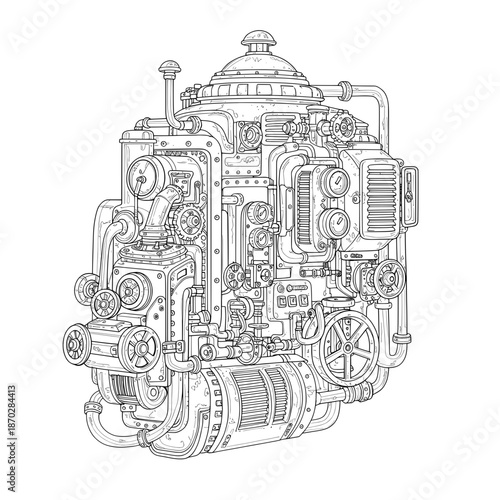 Steampunk intricate line art of complex machine, pipes, gauges, knobs and gears, no color
