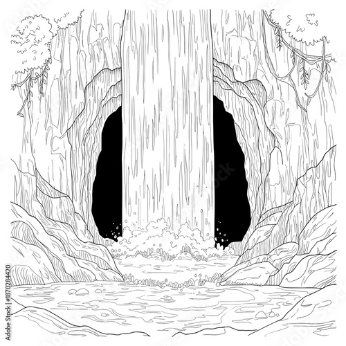 Waterfall with dark caverns on each side, with trees at the top, in a black and white line drawing