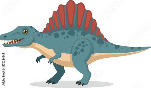 Cartoon illustration of a blue Spinosaurus dinosaur with a prominent red sail