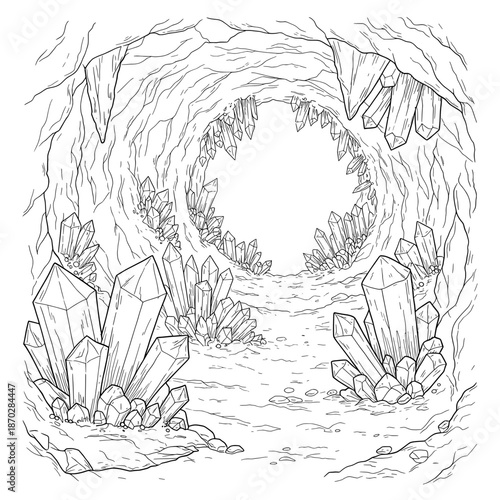 A cave filled with shining crystals, a natural wonder with intricate line drawings