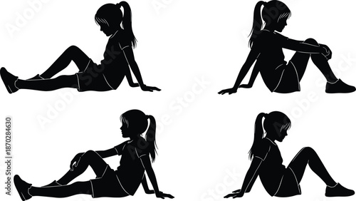 Set of Girl Silhouette Sitting on Ground in Various Poses Young Female Wearing Ponytail Shorts and Sneakers Vector Illustration Collection