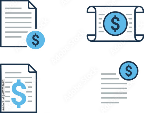 Business financial document icon set featuring billing invoices and tax reports with dollar currency symbols for accounting, banking, investment analysis,