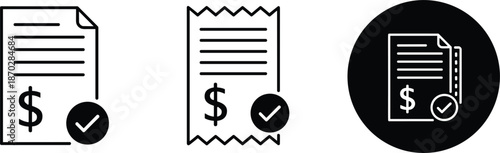 Set of paid invoice and financial bill line icons with checkmarks representing successful payment completion, accounting tax compliance, verified business transactions and digital receipt processing.