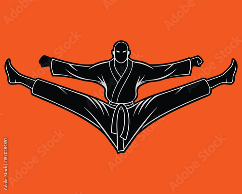 Martial Artist Performing High Jump Kick in Split Stance, Black and White Figure on Bright Orange Background, Action-Packed Pose Design