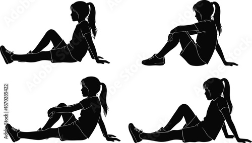 Silhouette set of a young girl sitting on the ground in various relaxed poses isolated on a white background vector