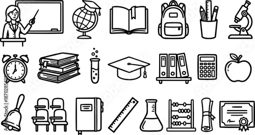 Hand drawn line art school icon set showing teacher globe backpack books microscope arranged in grid close up black simple style