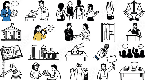 Whimsical doodle civic participation icons showing diverse people voting and protesting, ballot box close up, handshake, scales, and megaphone, microphone, desk