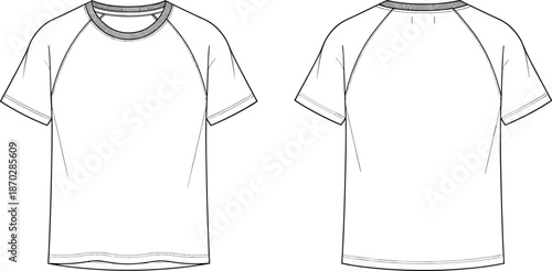 Technical fashion flat sketch of a blank short sleeve raglan t-shirt template with crew neck ribbed collar for apparel design.