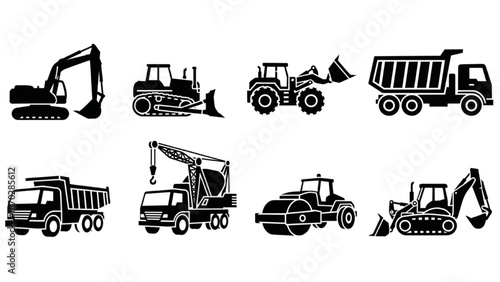 Set of construction vehicle icons digger, bulldozer, truck, roller, crane