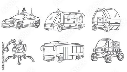 Comprehensive collection of futuristic autonomous vehicles and intelligent robots for next-generation transportation and smart city solutions