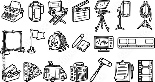Hand drawn line art film production equipment icon set showing director chair clapperboard camera monitor microphone van waveform clipboard sketch