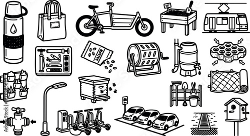 Line art eco icons showing cargo bike, compost tumbler, bee hive, tram, ev parking, tote bag, tools, urban garden sketch