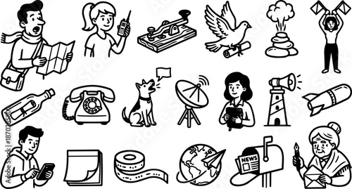 Line art hand drawn communication icon set showing messenger reading map woman with radio pigeon with letter satellite mailbox telephone