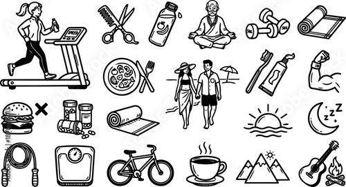 Hand drawn line art icon set showing woman running on treadmill, yoga pose, bicycle, healthy food, sleep, coffee, beach walk, outdoor leisure