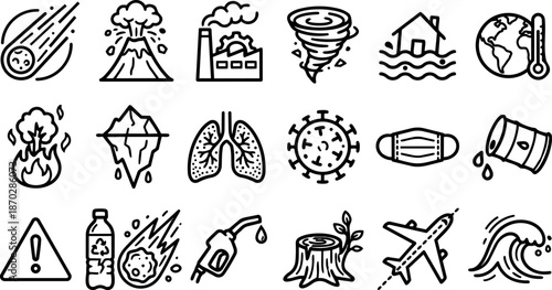 Line art icon set of natural disaster and environmental symbols arranged in grid black and white close up flat design icons