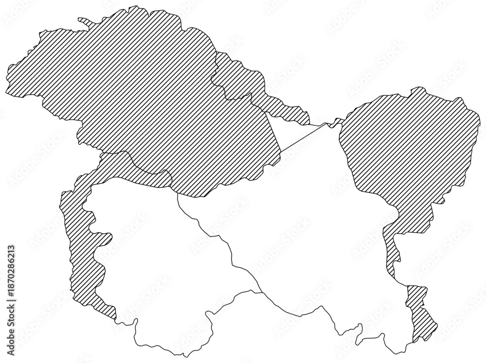 Obraz premium Vector Map of Jammu and Kashmir Conflict Zones Showing Indian Administered Areas versus Pakistan China Occupied Territories with Hatched Disputed Regions