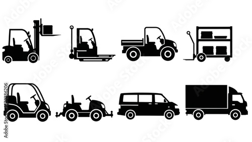 Diverse Collection of Utility and Transport Vehicles Silhouettes Essential Material Handling and Delivery Fleet Icons