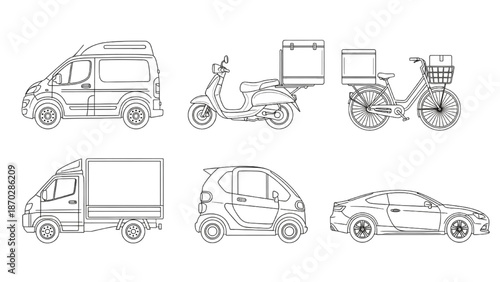 Diverse Collection of Outline Vehicle Illustrations for Urban Transportation and Delivery Services