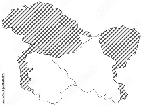 Vector Map of Jammu and Kashmir Conflict Zones Showing Indian Administered Areas versus Pakistan China Occupied Territories with Hatched Disputed Regions