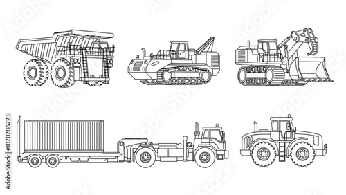 Detailed line art collection of essential heavy duty vehicles used in construction and cargo transport operations, presented as vector outlines